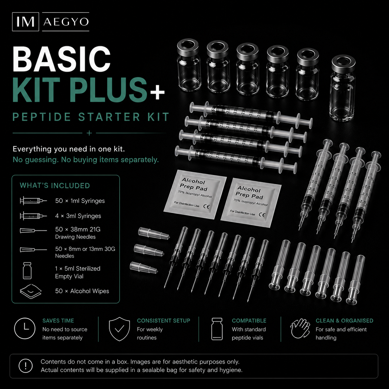 &nbsp;Basic Kit Plus +

What’s Included

50&nbsp;× 1ml Syringes

4 × 3ml Syringes

50&nbsp;× 38mm 21G Drawing Needles

50&nbsp;× 8mm or 13mm&nbsp;30G Needles&nbsp;

1 x 5ml Sterilized Empty Vial&nbsp;

50&nbsp;x Alcohol wipes
