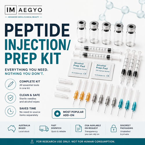 Peptide Starter Kit Australia with syringes needles alcohol wipes and preparation supplies from IM AEGYO