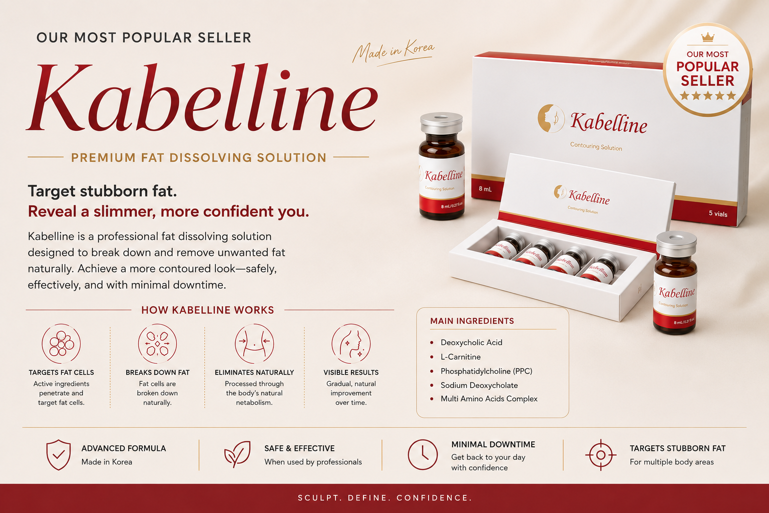Kabelline fat dissolving injection from Korea for double chin reduction, jawline contouring and stubborn fat treatment in Australia.